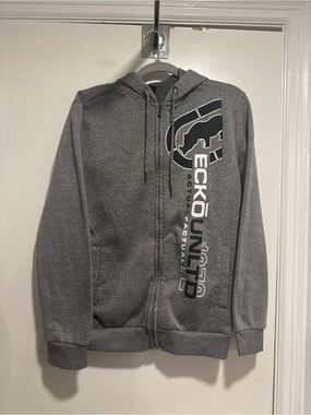 NWOT Ecko Unltd Gray Y2K Style Sz:M Rhino Graphic Zip-Up Spellout Logo Hoodie.